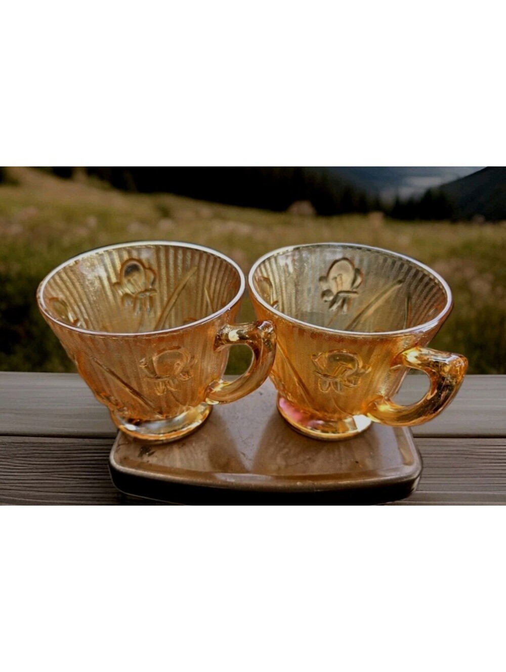 Vintage Jeannette Carnival Glass Teacups Orange Iridescent Irises & Herringbone